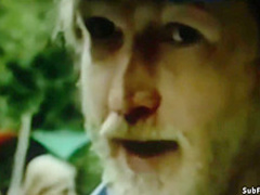 Bound blondes banged in woods