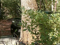 Bound blondes banged in woods