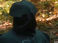 Bound blondes banged in woods