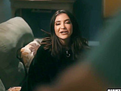 Afraid petite teen rides huge penis with sexy babe