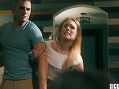 Afraid petite teen rides huge penis with sexy babe