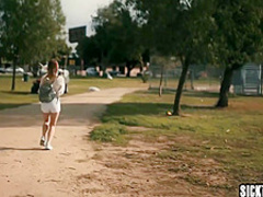 Afraid petite teen rides huge penis with sexy babe