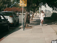 Afraid petite teen rides huge penis with sexy babe