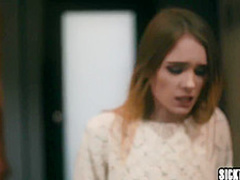 Afraid petite teen rides huge penis with sexy babe