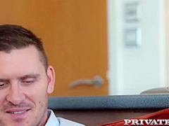 Seductive brunette, Loren Minardi is sucking cock while getting fucked from behind, at the same time