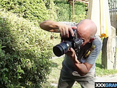 Careful teen massaging a dirty old mans legs and cock