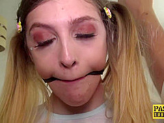 Gagged blonde slut with pigtails, Rhiannon Ryder got her daily dose of rough fuck in many positions