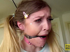 Gagged blonde slut with pigtails, Rhiannon Ryder got her daily dose of rough fuck in many positions