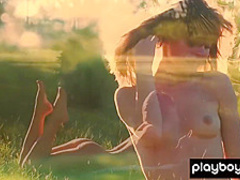 All natural teen Lillii stripping slowly on a meadow