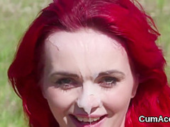 Unusual centerfold gets jizz load on her face swallowing all the jizz