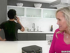 Blonde woman in black sandals with high heels is getting fucked in a doggy style position