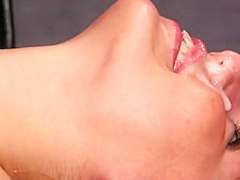 Horny doll gets cum shot on her face eating all the jizm