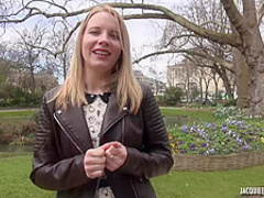 Hot, blonde masseuse with small tits is wearing black stockings and getting fucked from the back