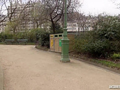 Hot, blonde masseuse with small tits is wearing black stockings and getting fucked from the back