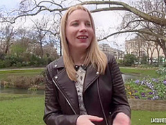 Hot, blonde masseuse with small tits is wearing black stockings and getting fucked from the back