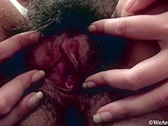 Ramira is stretching her bushy slit and rubbing it gently with her fingers, while alone at home