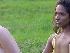 Tiny titted ebony and ivory teens stripping outdoor