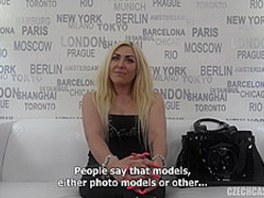 Experienced blonde woman, Patrice is sucking her agent's dick and fucking him every once in a while