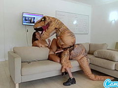 Lovely brunette is sucking her uniformed partner’s big dick, while no one else is not there