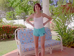 Sweet, teen brunette with small tits, Nataly Leon is rubbing her pussy and screaming from pleasure
