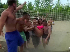 Malena is wearing black sandals with high heels while getting gangbanged for the first time ever