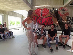 Malena is wearing black sandals with high heels while getting gangbanged for the first time ever