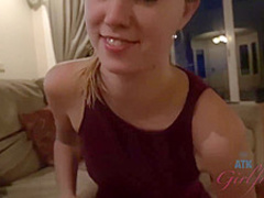 Cute girl is gently sucking her roommate's dick, while his girlfriend is out of town