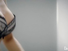 Seductive long haired babe in black stockings is fucking her horny client, in the bedroom