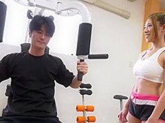 Asian babe is getting her hairy pussy filled up with a rock hard dick, in the gym