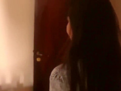 Busty, ebony babe is sucking cock and getting fucked from the back, during the day