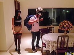 Brunette with big tits, Shayenne Samara is working as delivery girl and often getting assfucked