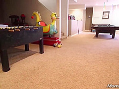 Busty mature brunette, Trudy is holding her legs spread wide open while getting fucked hard