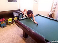 Busty mature brunette, Trudy is holding her legs spread wide open while getting fucked hard