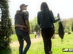 Anna is having hardcore sex in a doggy- style position with an extremely tattooed guy