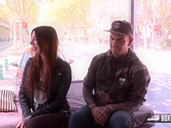 Anna is having hardcore sex in a doggy- style position with an extremely tattooed guy