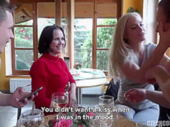 Naughty girls are having group sex in the toilet of their favorite restaurant, with a stranger