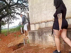 Curvaceous brunette is sucking a strangers dick outdoors and getting fucked very hard, in return