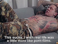 Tattooed guy was dreaming of Katrina who came to his place to suck his cock