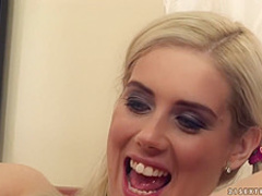 Blonde babe is squeezing her tits while getting banged, because it excites her a lot