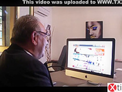 Italian, red haired babe is eagerly sucking cock in her office, before getting fucked hard