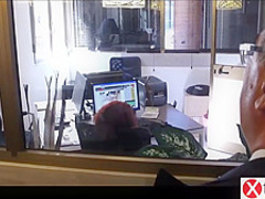 Italian, red haired babe is eagerly sucking cock in her office, before getting fucked hard