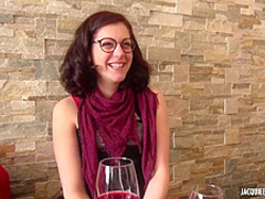 Nerdy, dark haired babe with glasses is having sex with two guys at the same time