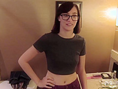 Nerdy babe with dark hair and glasses, Rachel is sucking her best friends dick and getting banged