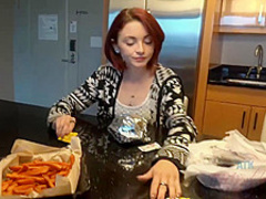 Slim chick likes to eat burgers and get her tight pussy fingered until she cums