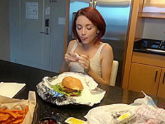 Slim chick likes to eat burgers and get her tight pussy fingered until she cums
