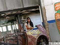 Tanned teen brunette with nice tits is about to get hammered hard, on the floor