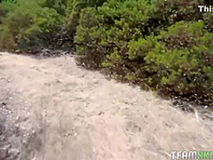 Small titted blonde with glasses, Riley Star fucked a stranger, in the forest, until she came