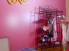 Masturbating her hairy pussy at home