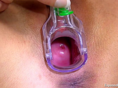 Aroused nurse cant hold back from playing with gyno equipment, because she wants to cum