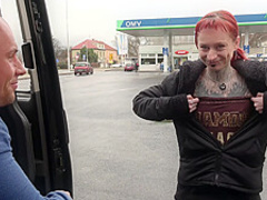 Totally Pierced and Tattooed Wierd Creature Rock the Cock in Driving Car